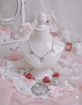 [IVE Rei Necklace] Three Ribbons Pearl Choker Necklace - Silver Color