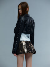 Emoha Hand-painted catcatcat punk short leather jacket
