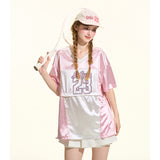 [GirlyFancyClub] Sweet and Cool Girl Color-block Quick-dry Satin Sporty Style Dual-wear Loose T-shirt