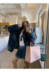 denim loose fit collar zip-up jacket two-piece (skirt set)