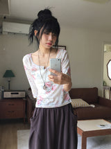Heysha Flower Slit Punching Three Quarter T-Shirt