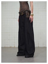 Ethnic Pattern Curved Washed Denim Pants