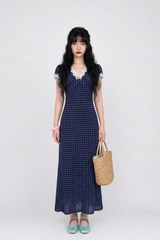 VINTAGE LACE-TRIM POLKA DOT MAXI DRESS