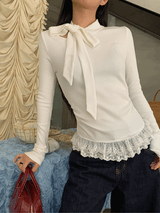 half turtleneck strap lace frill long-sleeve t-shirt