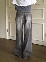 Watton back cut washed gray long wide denim pants