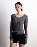 Henley Neck Long Sleeve Stripe Charcoal