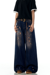 Blue Distressed Wide Jeans