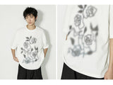 バラプリント半袖ゆったり純白半袖ユニセックスTシャツ