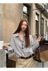 French checkered pocket loose fit long-sleeved shirt