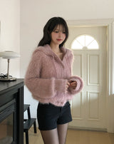 Winter Angora Knit Hooded Cardigan