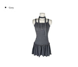 [Tie SET] Alan Muffler Button Shirring Sleeveless One Piece
