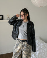 Dutch rivet semi-crop leather jacket