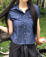 Siu Slim Fit Uniform Denim Pocket Short-Sleeved Shirt
