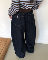 フアンステッチフリースワイドデニムパンツ
