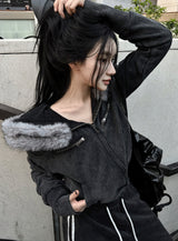 Low Washing Crop Fur Hood Zip-Up