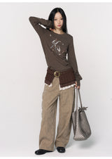 CONFUN Lantern Sleeve Sequin Embroidered Pleated Round Neck Top