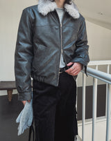 [premium] Frame Raccoon Collar Leather Jacket