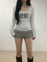 Lace Number Sheer Long Sleeve T