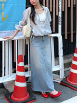 ディープスリット コットン ロング デニム スカート (Light Wash)