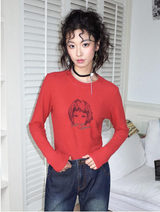 インクプリンティドラウンドネックコットンポリエステル長袖Tシャツ