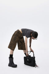 ルーズストレートレッグレッグレオパードローライズデニムショートパンツ (Knee-length/Capri Pants)
