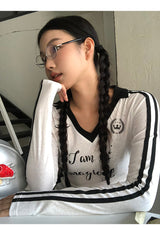 V-neck sporty black line long-sleeved shirt