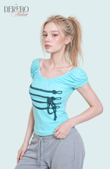 Rope Mint Shirring Off-Shoulder Short Sleeve T-Shirt