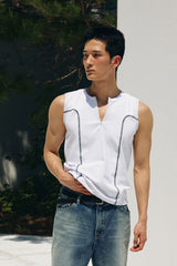 Curved half zip up sleeveless(White)