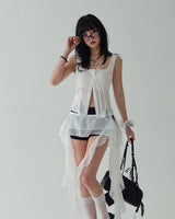unbalanced see-through frill layered belt skirt