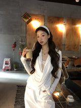 White Smudge Lace Shirring Long Sleeve T-shirt