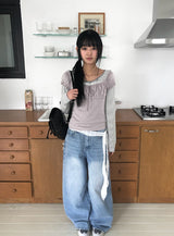 デトシャーリングハートネックレースリボン半袖Tシャツ