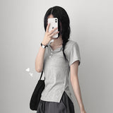 Slim Fit 🤍 Henry Neck Waist Pintuck Slit Spandex Short-Sleeved T-Shirt (4 colors)