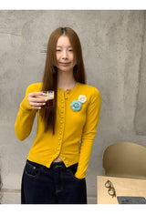 Flower Broach Yellow Round Cardigan