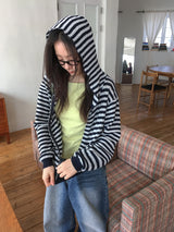 Yumehi Stripe Punching Hood Zip-Up Cardigan