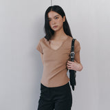 C 90S LINE SLIT NECK HALF-SLEEVE T-SHIRT_CAMEL