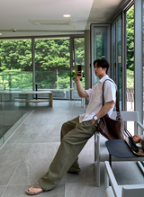 ノーメイスバックバンディングツータックリネンワイドパンツ