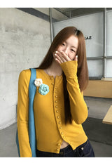 Flower Broach Yellow Round Cardigan