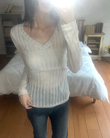 Tohe cubic ribbed bone V-neck See-Through Long-Sleeved T-shirt
