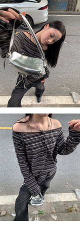 wide neck loose fit stripe long-sleeve t-shirt