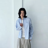 Striped Refreshing Textured Single Pocket Boxy Long Sleeve Shirt