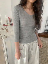 Onepie U-neck/V-neck Side Shirring Three Quarter Sleeve Tee