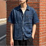 Oversized Pocket Short-Sleeve Denim Shirt Indigo