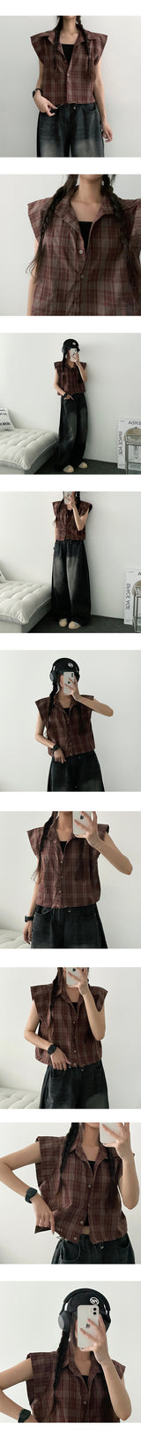 Lang2 String Cropped Check Short-Sleeved Shirt