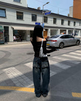 Back pocket mega denim pants