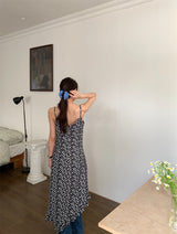 Slit shirring flower long sleeveless dress