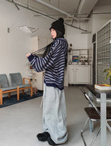Onz Striped Mohair Knit Hood Zip-Up