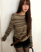 Bomin Off-Shoulder Shirring Stripe Long-Sleeve T-Shirt