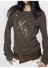 CONFUN Lantern Sleeve Sequin Embroidered Pleated Round Neck Top