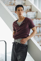 High ribbed henley neck half sleeves(Burgundy)