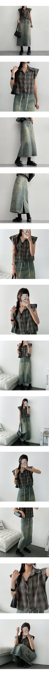 Lang2 String Cropped Check Short-Sleeved Shirt